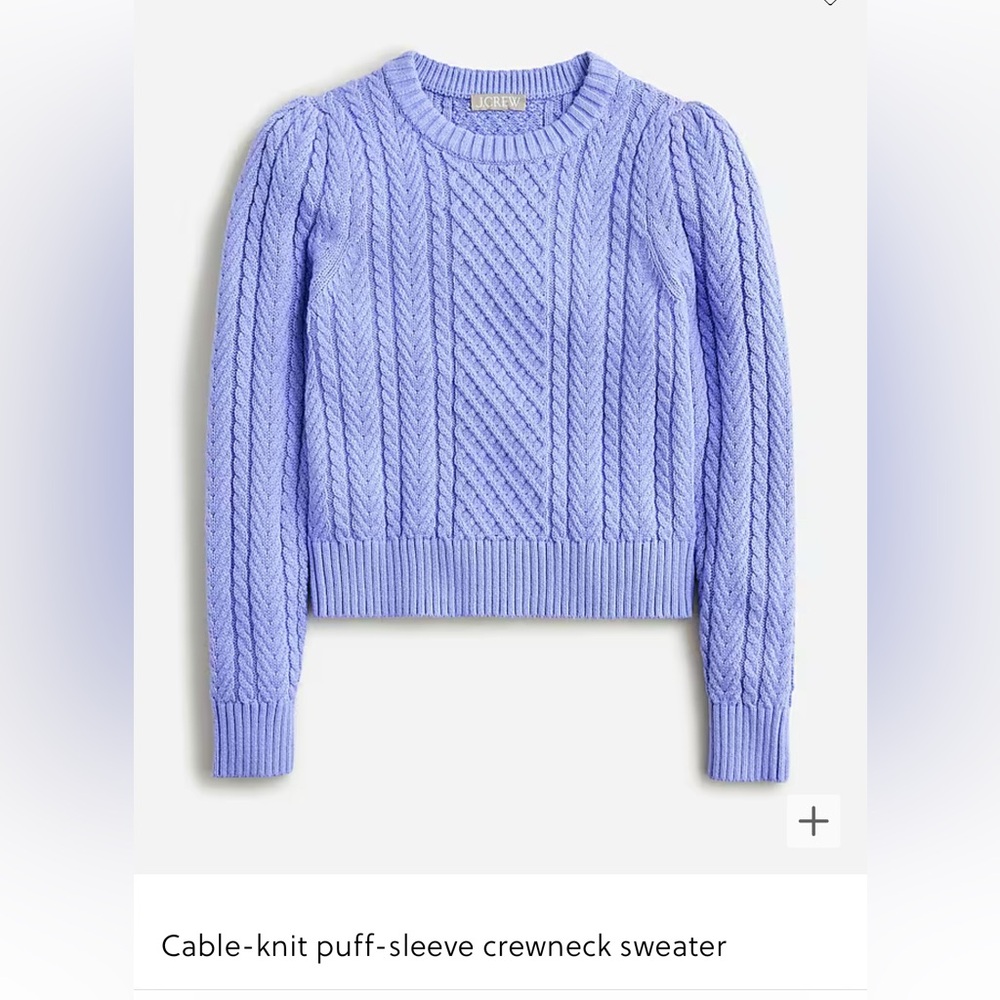 NWT JCREW Cable-knit puff-sleeve crewneck sweater